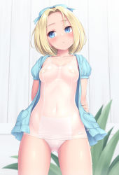 Rule 34 | 1girl, arm behind back, bandaid, bandaids on nipples, blonde hair, blue eyes, bow, breasts, collarbone, covered navel, cowboy shot, gluteal fold, hair bow, highres, jacket, medium breasts, milk bar (sasaame), one-piece swimsuit, open clothes, open jacket, original, pasties, puffy short sleeves, puffy sleeves, sasaame, school swimsuit, see-through swimsuit, short hair, short sleeves, solo, swimsuit