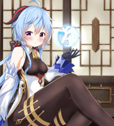 Rule 34 | 1girl, ahoge, architecture, armpits, bell, black bodysuit, black gloves, blue hair, bodysuit, commentary request, detached sleeves, east asian architecture, ganyu (genshin impact), genshin impact, gloves, hair between eyes, highres, horns, long hair, looking at viewer, neck bell, orange eyes, orb, parted lips, sidelocks, sitting, solo, window, yoboshi