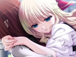 Rule 34 | 1boy, 1girl, blonde hair, blue eyes, curly hair, game cg, hair ribbon, hell guide, long hair, m no violet, open mouth, outdoors, pointy ears, ribbon