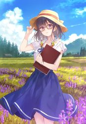 Rule 34 | 1girl, adjusting clothes, adjusting headwear, arms up, black-framed eyewear, blue ribbon, blue skirt, blue sky, book, cabin, closed mouth, cloud, cowboy shot, day, field, floral print, flower, fukahire (ruinon), glasses, hand up, hat, highres, holding, holding book, house, lavender (flower), long skirt, notebook, original, outdoors, purple eyes, purple hair, ribbon, shirt, short sleeves, skirt, sky, solo, sun hat, tagme, tree, utility pole, watch, wheat field, white shirt, wristwatch, yellow hat