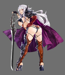Rule 34 | 1girl, :p, apt, armor, ass, bikini armor, blue eyes, breasts, brown thighhighs, cape, fingerless gloves, fishnets, full body, gloves, grey background, gyakushuu no fantasica, high heels, large breasts, long hair, looking at viewer, looking back, official art, pauldrons, platform footwear, shoulder armor, sideboob, silver hair, simple background, single glove, smile, solo, standing, sword, thighhighs, tongue, tongue out, underboob, weapon