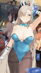 Rule 34 | 3girls, absurdres, animal ears, arm up, asuna (blue archive), asuna (bunny) (blue archive), black hair, black leotard, blonde hair, blue archive, blue bow, blue bowtie, blue leotard, blurry, bow, bowtie, breasts, brown pantyhose, card, cup, depth of field, detached collar, fake animal ears, fishnet pantyhose, fishnets, gloves, grin, groin, hair over one eye, hair ribbon, halo, highres, holding, holding tray, karin (blue archive), karin (bunny) (blue archive), large breasts, lens flare, leotard, long hair, mole, mole on breast, multiple girls, neru (blue archive), neru (bunny) (blue archive), pantyhose, pink hair, playboy bunny, rabbit ears, red leotard, ribbon, sadan1317, smile, thigh gap, tray, v, v-shaped eyebrows, very long hair, white gloves, wrist cuffs