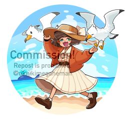 Rule 34 | 1girl, beach, belt, bird, blush, bow, brown footwear, brown hair, commission, day, green eyes, hat, hat bow, hat ribbon, highres, looking at viewer, onosanlove, open mouth, original, outdoors, pleated skirt, ribbon, seagull, short hair, skeb commission, skirt, smile, socks, solo, sun hat, watermark, white bow, white ribbon, white skirt, white socks