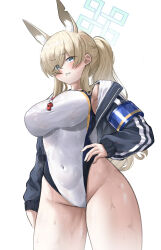 1girl absurdres adult_aongly animal_ear_fluff animal_ears armband blonde_hair blue_archive blue_armband blue_eyes blue_jacket breasts competition_swimsuit covered_navel dog_ears dog_girl extra_ears groin hair_over_one_eye hand_in_pocket highleg highleg_one-piece_swimsuit highres jacket kanna_(blue_archive) kanna_(swimsuit)_(blue_archive) large_breasts long_hair looking_at_viewer notched_ear official_alternate_costume one-piece_swimsuit open_clothes open_jacket ponytail sharp_teeth simple_background solo swimsuit teeth whistle whistle_around_neck white_background white_one-piece_swimsuit