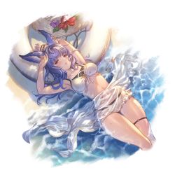 Rule 34 | 1girl, alpha transparency, animal ears, armpits, arms up, beach, bikini, blue hair, blush, bracelet, breasts, collarbone, ear ornament, erune, flower, gluteal fold, granblue fantasy, hat, hibiscus, innertube, jewelry, layered bikini, long hair, looking at viewer, lying, medium breasts, minaba hideo, navel, official art, on back, parted lips, purple eyes, purple flower, red flower, see-through, skindentation, solo, straw hat, swim ring, swimsuit, thigh gap, thigh strap, thighs, tikoh, tikoh (summer), transparent background, water, wet, white bikini
