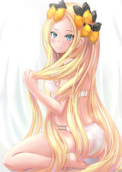 Rule 34 | 1girl, abigail williams (fate), ass, back, black bow, blonde hair, blue eyes, blush, bow, bra, breasts, fate/grand order, fate (series), forehead, hair bow, highres, long hair, looking at viewer, monochrome0226, multiple bows, orange bow, panties, parted bangs, sidelocks, sitting, small breasts, smile, solo, underwear, wariza, white bra, white panties