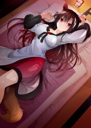 Rule 34 | 1girl, absurdres, animal ears, blush, brooch, brown hair, closed mouth, dress, fingernails, futon, highres, imaizumi kagerou, impossible clothes, impossible dress, jewelry, long fingernails, long hair, long sleeves, pillow, red dress, red eyes, see-through, see-through dress, sharp fingernails, solo, sweat, tail, tatami, touhou, vane (vane0), very long fingernails, white dress, wide sleeves, wolf ears, wolf girl, wolf tail, wooden floor