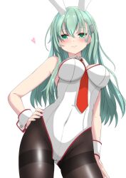 Rule 34 | 1girl, absurdres, alternate costume, animal ears, aqua hair, between breasts, black pantyhose, breasts, commentary request, cowboy shot, detached collar, green eyes, hair ornament, hairclip, hand on own hip, highres, kantai collection, large breasts, leotard, long hair, looking at viewer, necktie, necktie between breasts, nitamako (sakamalh), pantyhose, playboy bunny, rabbit ears, red necktie, simple background, solo, strapless, strapless leotard, suzuya (kancolle), thighband pantyhose, white background, white leotard, wrist cuffs