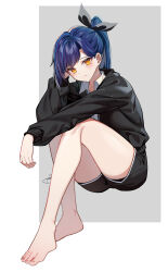 Rule 34 | 1girl, absurdres, arm on knee, bad anatomy, barefoot, black jacket, black ribbon, blue hair, closed mouth, commentary, artistic error, eyelashes, feet, gradient hair, grey background, hair ribbon, head tilt, highres, invisible chair, jacket, legs, lilpa, long hair, long legs, long sleeves, looking at viewer, multicolored hair, orange eyes, ponytail, purple hair, reversed feet, ribbon, shiny skin, shirt, sidelocks, sitting, solo, streaked hair, sugar (dndi888), swept bangs, symbol-only commentary, thighs, toenails, toes, virtual youtuber, waktaverse, white background, white shirt, wrong foot
