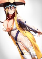 Rule 34 | 1girl, absurdres, amano don, bad id, bad pixiv id, bikini, bikini under clothes, black hair, blurry, blush, breasts, depth of field, dutch angle, earrings, fate/grand order, fate (series), gradient background, grin, hair between eyes, hat, headgear, highres, hoop earrings, huge breasts, jewelry, long hair, long sleeves, looking at viewer, navel, necklace, polearm, red eyes, see-through silhouette, simple background, smile, solo, string bikini, swimsuit, thighhighs, weapon, wet, wet clothes, white bikini, white thighhighs, xuangzang sanzang (fate)
