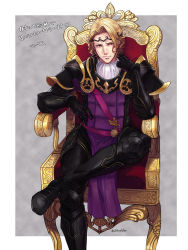 Rule 34 | 1boy, armor, armored boots, blonde hair, boots, fire emblem, fire emblem fates, gauntlets, gloves, hashiko (neleven), male focus, nintendo, red eyes, sitting, solo, throne, xander (fire emblem)
