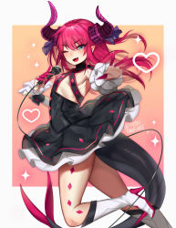 Rule 34 | 1girl, ;d, artist name, bad id, bad pixiv id, blue eyes, blue ribbon, boots, breasts, dress, elizabeth bathory (fate), elizabeth bathory (fate/extra ccc), elizabeth bathory (first ascension) (fate), eyes visible through hair, fang, fate/grand order, fate (series), gradient background, hair ribbon, heart, high heel boots, high heels, holding, holding microphone, horns, knee boots, long hair, looking at viewer, microphone, one eye closed, open mouth, outstretched arm, pink hair, pointy ears, ribbon, simple background, small breasts, smile, solo, sparkle, tail, terupancake, twitter username, v-shaped eyebrows, wrist cuffs