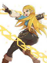 Rule 34 | 1girl, ass, black pantyhose, blonde hair, boots, breasts, brown footwear, chain, feet out of frame, fingerless gloves, from behind, gloves, gonzarez, highres, hyrule warriors, hyrule warriors: age of calamity, long hair, magic, medium breasts, nintendo, open mouth, pantyhose, pointy ears, princess zelda, sheikah slate, simple background, solo, the legend of zelda, the legend of zelda: breath of the wild, white background