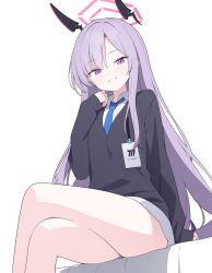Rule 34 | 1girl, absurdres, bare legs, blue archive, blue necktie, crossed legs, halo, highres, jyt, long hair, long sleeves, looking at viewer, necktie, purple eyes, purple hair, red halo, shirt, simple background, sitting, thighs, utaha (blue archive), white background, white shirt