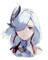 Rule 34 | 1girl, blue eyes, bodysuit, breast curtain, closed mouth, clothing cutout, cropped torso, genshin impact, grey hair, hair over one eye, highres, light smile, long hair, looking at viewer, shenhe (genshin impact), shoulder cutout, simple background, solo, tetuw, upper body, white background
