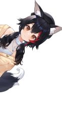 Rule 34 | 1girl, animal ear fluff, animal ears, black hair, brown cardigan, brown eyes, cardigan, closed mouth, highres, hololive, long hair, looking at viewer, multicolored hair, off shoulder, ookami mio, ookami mio (street), red hair, ruka tou, shirt, simple background, smile, solo, streaked hair, tail, twintails, upper body, virtual youtuber, white background, white shirt, wolf ears, wolf tail