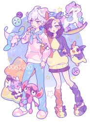 Rule 34 | 1boy, 1girl, ahoge, animal costume, asymmetrical bangs, bede (pokemon), black hair, blue pants, buttons, creatures (company), full body, galarian form, galarian ponyta, game freak, gen 5 pokemon, gen 8 pokemon, gothita, green eyes, hatenna, holding another&#039;s arm, impidimp, leg warmers, locked arms, long sleeves, looking at viewer, looking to the side, marnie (pokemon), morpeko, nintendo, open mouth, pants, pink slippers, pokemon, pokemon (creature), pokemon swsh, purple eyes, saku anna, short hair, shorts, slippers, socks, sweater, white background, white hair, white legwear