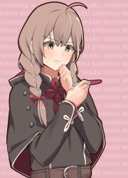 Rule 34 | 1girl, absurdres, ahoge, befu, belt, black capelet, black dress, blush, braid, brown belt, brown eyes, brown hair, capelet, closed mouth, commentary, dress, highres, holding, kantai collection, long hair, long sleeves, pink background, shinshuu maru (kancolle), solo, symbol-only commentary, twin braids, upper body