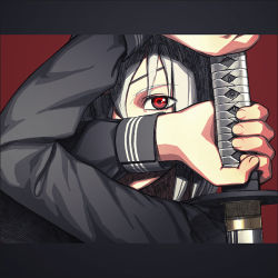 Rule 34 | 1girl, iwai ryou, katana, letterboxed, one eye covered, original, red background, red eyes, school uniform, serafuku, silver hair, simple background, solo, sword, weapon