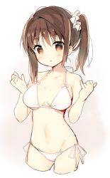 Rule 34 | 1girl, bare arms, bare shoulders, bikini, blush, breasts, brown eyes, brown hair, collarbone, commentary request, cropped legs, groin, hair between eyes, hair ornament, hair scrunchie, hands up, looking at viewer, medium breasts, meito (maze), navel, original, parted lips, scrunchie, side-tie bikini bottom, side ponytail, solo, swimsuit, white bikini, white scrunchie