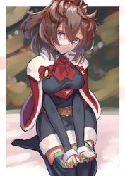 Rule 34 | 1girl, absurdres, alternate costume, belt, black dress, black thighhighs, blue eyes, box, brown belt, brown hair, cape, dress, gift, gift box, highres, kantai collection, long hair, long sleeves, looking at viewer, messy hair, no shoes, panda (heart sink), ponytail, red cape, seiza, sheffield (kancolle), sitting, sleeves past wrists, solo, thighhighs