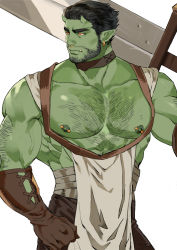 Rule 34 | 1boy, abs, absurdres, arm hair, bara, bare pectorals, bare shoulders, beard, black hair, chest hair, colored skin, commission, earrings, facial hair, fangs, fictional persona, gomihebi, green skin, hair slicked back, highres, horns, huge weapon, jewelry, large pectorals, male focus, mature male, monster boy, muscular, muscular male, nipple piercing, nipples, orc, original, over shoulder, pectorals, piercing, pointy ears, short hair, solo, stomach, sword, sword over shoulder, thick eyebrows, veins, weapon, weapon over shoulder, white background