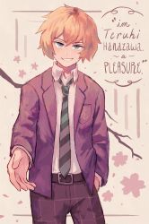 Rule 34 | 1boy, artist name, belt, blonde hair, blue eyes, branch, english text, fenori, formal, hanazawa teruki, hand in pocket, looking at viewer, male focus, mob psycho 100, necktie, outstretched hand, pants, purple pants, purple suit, school uniform, simple background, smile, solo, standing, striped clothes, striped necktie, striped neckwear, striped pants, suit