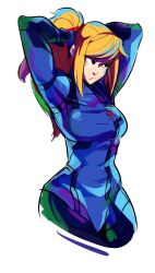 Rule 34 | 1girl, :(, arms behind head, black eyes, blonde hair, breasts, curvy, expressionless, feet out of frame, fixing hair, fsnowzombie, hair fix, hair tie, highres, large breasts, metroid, nintendo, plugsuit, ponytail, samus aran, simple background, white background