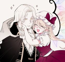 Rule 34 | 1boy, 1girl, alucard (castlevania), ascot, black coat, black jacket, blonde hair, bow, cape, castlevania: symphony of the night, castlevania (series), closed eyes, coat, crystal, dreamysuite, flandre scarlet, hand on another&#039;s cheek, hand on another&#039;s face, hat, hat ribbon, highres, jacket, long hair, looking at another, mob cap, open mouth, pale skin, pointy ears, puffy short sleeves, puffy sleeves, ribbon, shirt, short sleeves, side ponytail, simple background, skirt, solo, sparkle, touhou, upper body, white ascot, white background, white hair, wings, yellow eyes