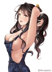 Rule 34 | 1girl, adjusting hair, arm up, black hair, blush, breasts, cleavage, collarbone, from side, juurouta, kantai collection, large breasts, long hair, looking at viewer, multicolored hair, naganami (kancolle), naked overalls, overalls, pink hair, sideboob, simple background, solo, twitter username, two-tone hair, upper body, white background, yellow eyes