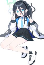 Rule 34 | 1girl, aris (blue archive), black hair, black hairband, black skirt, black socks, blue archive, blue eyes, blue necktie, commentary, dot nose, double v, hair between eyes, hairband, halo, hands up, highres, jacket, legs, long hair, long sleeves, looking at viewer, mabera, midair, necktie, open mouth, pleated skirt, shirt, shoes, side ponytail, sidelocks, skirt, smile, smug, sneakers, socks, solo, sparkle, thighs, v, v-shaped eyebrows, white background, white footwear, white jacket, white shirt, wing collar