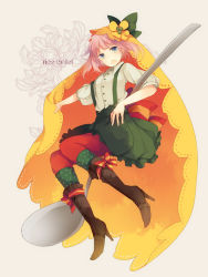 Rule 34 | 1girl, bad id, bad pixiv id, boots, food, food-themed clothes, green eyes, high heels, kneehighs, omelet, omurice, open mouth, original, pantyhose, personification, pink hair, polka dot, red socks, sabutarou, shoes, short hair, socks, solo, spoon, suspenders