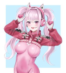 Rule 34 | 1girl, :d, absurdres, alice (nikke), animal ear headphones, animal ears, arms up, blush, bodysuit, breasts, codename696, covered navel, cropped jacket, fake animal ears, gloves, goddess of victory: nikke, headphones, headset, highres, impossible bodysuit, impossible clothes, jacket, latex, latex bodysuit, long hair, medium breasts, open mouth, outside border, pink bodysuit, pink eyes, pink gloves, pink hair, red jacket, sidelocks, skin tight, smile, solo, twintails, white gloves