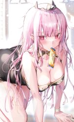 Rule 34 | 1girl, all fours, ass, black nails, black tiara, blush, bracelet, breasts, candy, candy bar, cleavage, food, food in mouth, highres, hololive, hololive english, jewelry, kamiya maneki, large breasts, looking at viewer, messy hair, mori calliope, pink hair, red eyes, tiara, virtual youtuber