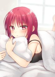 Rule 34 | 1girl, angel beats!, barefoot, bed, bed sheet, blurry, depth of field, iwasawa masami, looking at viewer, lying, nakamura hinato, on stomach, parted lips, pillow, red eyes, red hair, short hair, sleepwear, solo, sparkle, strap slip, window