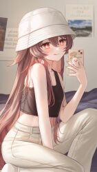 Rule 34 | 1girl, absurdres, alternate costume, bare shoulders, bed, black shirt, blanket, blush, boo tao (genshin impact), breasts, brown hair, brown nails, buttons, cellphone, closed mouth, collarbone, fingernails, flower-shaped pupils, genshin impact, hair between eyes, hat, highres, holding, holding phone, hu tao (genshin impact), long fingernails, long hair, looking at viewer, medium breasts, miho (mymiho), nail polish, no shoes, pants, phone, red eyes, shirt, sitting, sleeveless, sleeveless shirt, smartphone, smile, socks, solo, symbol-shaped pupils, t-shirt, tongue, tongue out, twintails, wall, white hat, white pants, white socks