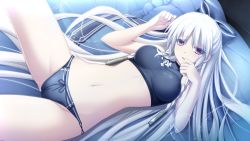 Rule 34 | 1girl, bare shoulders, bed, braid, breasts, cameltoe, clenched hands, eushully, female focus, game cg, grey hair, hair ribbon, kami no rhapsody, large breasts, legs, long hair, looking at viewer, lying, mistoria, mitsuki, navel, panties, pillow, pink eyes, ribbon, sleeveless, solo, sports bra, thighs, twin braids, underwear, yakuri