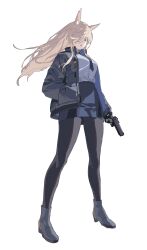 Rule 34 | 1girl, absurdres, animal ears, black pantyhose, blonde hair, blue archive, breasts, full body, gun, hair over one eye, hand in pocket, handgun, highres, holding, holding gun, holding weapon, jacket, kanna (blue archive), large breasts, long hair, long sleeves, looking at viewer, medium breasts, necktie, open clothes, open jacket, pantyhose, parted lips, pencil skirt, pepperdevil, shirt, simple background, skirt, solo, standing, weapon, white background
