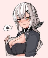 Rule 34 | 1girl, 2poet, black bra, blush, bra, breasts, cleavage, commentary request, frilled bra, frills, girls&#039; frontline, hair between eyes, hair ornament, hairclip, korean commentary, large breasts, long hair, looking at viewer, m590 (girls&#039; frontline), naughty face, open clothes, open mouth, open shirt, pink background, ponytail, smile, solo, spoken squiggle, squiggle, sweatdrop, underwear, upper body, white hair, yellow eyes