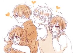 Rule 34 | 2boys, 2girls, blush, closed eyes, fang, gloves, group hug, heart, height difference, hug, hug from behind, inukashi, leaning on person, long hair, monochrome, multiple boys, multiple girls, nezumi (no.6), no.6, open mouth, safu, sepia, shion (no.6), short hair, smile, sweater vest, turtleneck