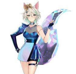 1girl absurdres asymmetrical_clothes asymmetrical_gloves cecilia_immergreen doll_joints gloves green_hair highres hololive hololive_english idol idol_clothes joints k/da_(league_of_legends) league_of_legends looking_at_viewer mittsu multicolored_hair smile streaked_hair thighs virtual_youtuber