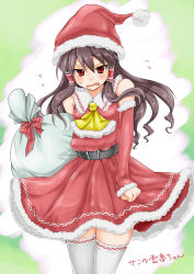 Rule 34 | 1girl, ascot, bag, belt, black hair, blush, clenched hand, d:, d:&lt;, embarrassed, flying sweatdrops, hakurei reimu, hat, highres, long hair, long sleeves, monrooru, open mouth, red eyes, santa costume, santa hat, solo, sweat, thighhighs, touhou, tsurime, v-shaped eyebrows, wavy hair, wavy mouth, white thighhighs