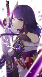 Rule 34 | 1girl, absurdres, bad id, bad pixiv id, blurry, blurry background, blurry foreground, bridal gauntlets, from side, genshin impact, highres, holding, holding sword, holding weapon, katana, long hair, megu (pixiv9460065), parted lips, purple eyes, purple hair, raiden shogun, sheath, solo, sword, unsheathing, upper body, weapon, white background