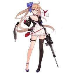 Rule 34 | 1girl, battle rifle, black thighhighs, blonde hair, blue eyes, bow, breasts, choker, cleavage, dress, fal (girls&#039; frontline), fn fal, full body, girls&#039; frontline, gun, hair bow, jacket, knife, kukri, long hair, long sleeves, looking at viewer, off shoulder, official art, open mouth, ribbon, rifle, side ponytail, single thighhigh, solo, standing, suisai., thigh strap, thighhighs, transparent background, very long hair, weapon