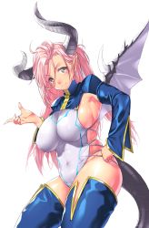 Rule 34 | 1girl, absurdres, armpits, blue thighhighs, breasts, covered navel, cowboy shot, dragon girl, dragon horns, dragon tail, dragon wings, fingernails, from side, grey eyes, hand up, head tilt, highres, horns, huge breasts, leotard, long hair, long sleeves, looking at viewer, multicolored eyes, onsoku inu, original, pink eyes, pink hair, pointy ears, ringed eyes, sharp fingernails, shrug (clothing), sideboob, simple background, slit pupils, smile, solo, tail, thighhighs, white background, white leotard, wings