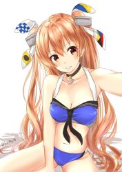 Rule 34 | 1girl, bikini, blue bikini, breasts, brown eyes, cleavage, collarbone, commentary request, cowboy shot, hair ribbon, johnston (kancolle), kantai collection, light brown hair, long hair, looking at viewer, medium breasts, nagi (shunsuke-manage), navel, one-hour drawing challenge, parted lips, ribbon, selfie, simple background, sitting, solo, swimsuit, twitter username, two side up, white background