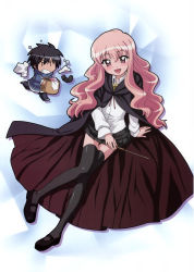 Rule 34 | 00s, 1boy, 1girl, :d, artist request, black skirt, black thighhighs, blush, cape, chibi, full body, highres, hiraga saito, holding, knees together feet apart, laundry, laundry basket, long hair, long sleeves, looking at viewer, louise francoise le blanc de la valliere, mary janes, open mouth, panties, pentacle, pink eyes, pink hair, pleated skirt, shoes, simple background, skirt, smile, thighhighs, underwear, wand, zero no tsukaima, zettai ryouiki