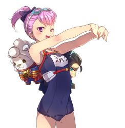 Rule 34 | 1girl, 2boys, ;d, armpits, blue one-piece swimsuit, character name, covered navel, cowboy shot, echo (circa), fate/grand order, fate (series), from side, helena blavatsky (fate), high ponytail, looking at viewer, multiple boys, nikola tesla (fate), one-piece swimsuit, one eye closed, open mouth, outstretched arms, own hands together, pink eyes, pink hair, school swimsuit, short hair, short ponytail, simple background, smile, solo, standing, swimsuit, teeth, thomas edison (fate), upper teeth only, white background