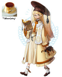 Rule 34 | 1girl, absurdres, bag, black footwear, blonde hair, blunt bangs, book, braid, brown eyes, dress, food, full body, glasses, highres, holding, holding bag, holding book, long hair, long sleeves, looking at viewer, open book, open mouth, original, personification, pudding, rinotuna, shoes, socks, solo, twin braids, walking, white background, white socks, yellow dress