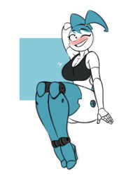 Rule 34 | 1girl, black eyes, black tank top, blue hair, blush, boots, breasts, cleavage, elbow gloves, gloves, high heel boots, high heels, highres, jenny wakeman, joints, my life as a teenage robot, nsfwskully, robot joints, screw, sitting, tank top, thick thighs, thigh boots, thighhighs, thighs, twintails, wink